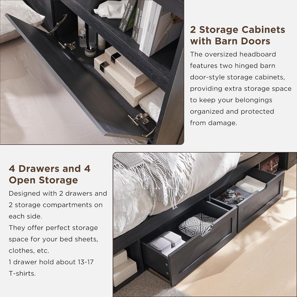 ACCOHOHO Farmhouse Queen Size Bed Frame with 52" High Storage Bookcase H...