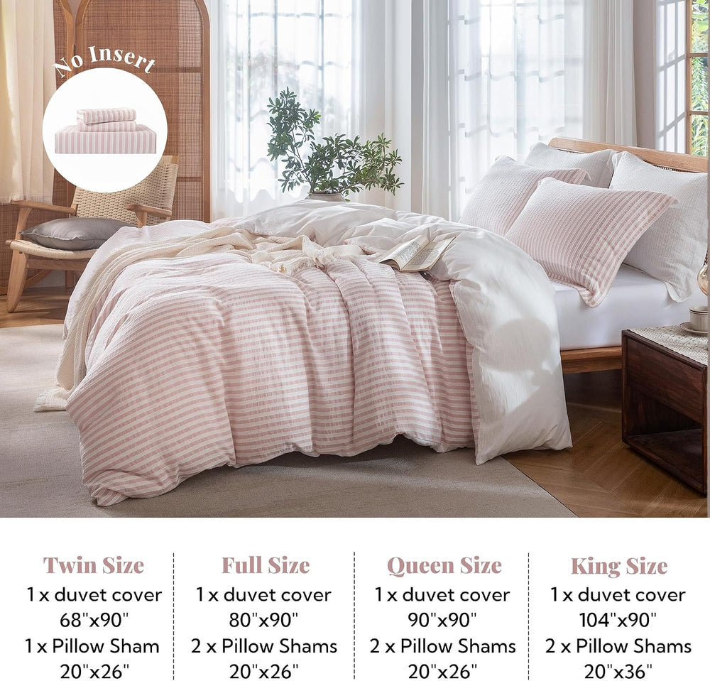 MILDLY Jacquard Striped Duvet Cover Set 3pcs Dual Zipper Pink Full