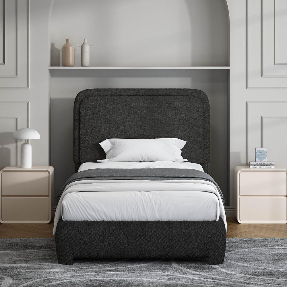 Twin Bed Frame, Cloud Boucle Headboard, Rounded Corners, Black