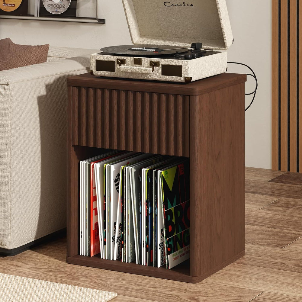 Fluted Nightstands Set of 2 w/Charging Station, Wooden End Table Bed Side Tab...