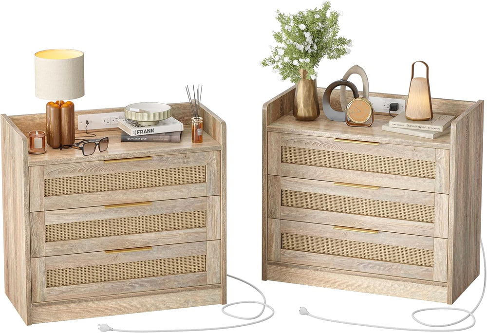 TIQLAB Bed Side Table Set of 2 with Charging Station, 3 Drawers Rattan Night ...