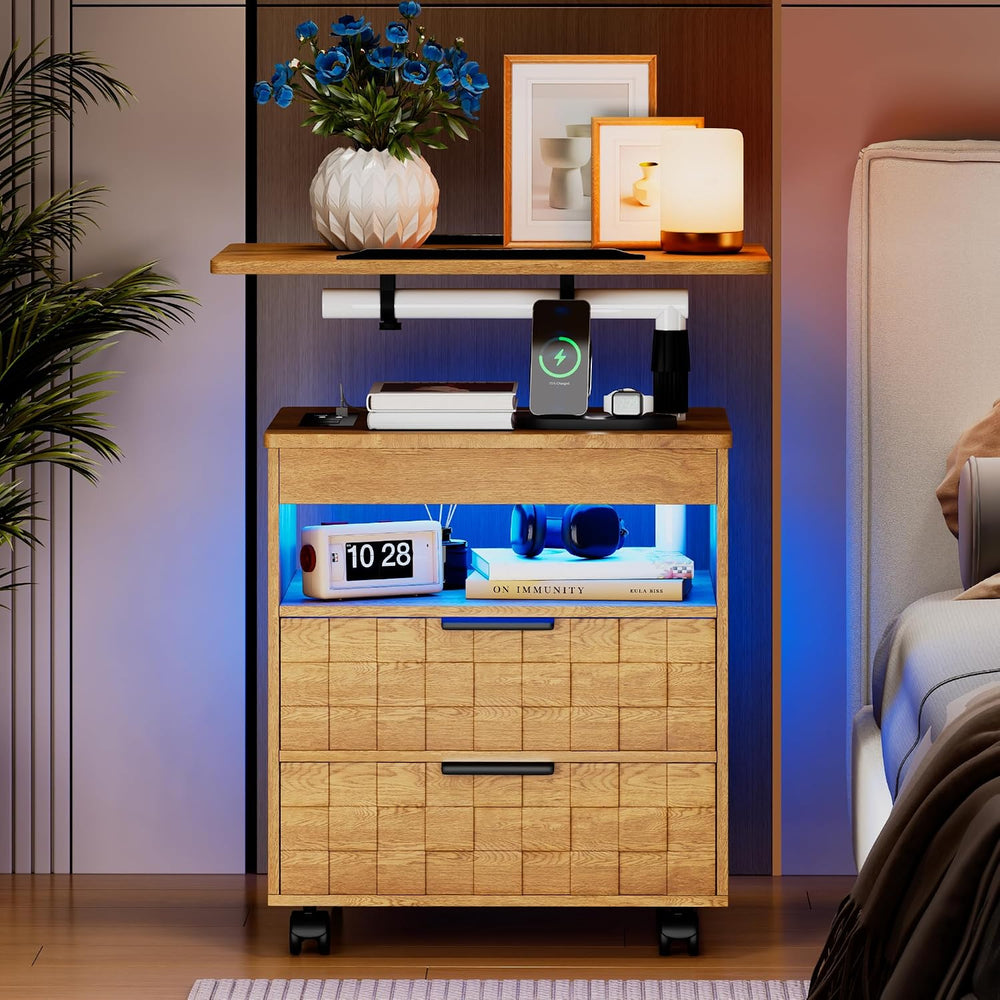 Lareth Rolling Nightstand with Wheels, LED Lights, Charging Station