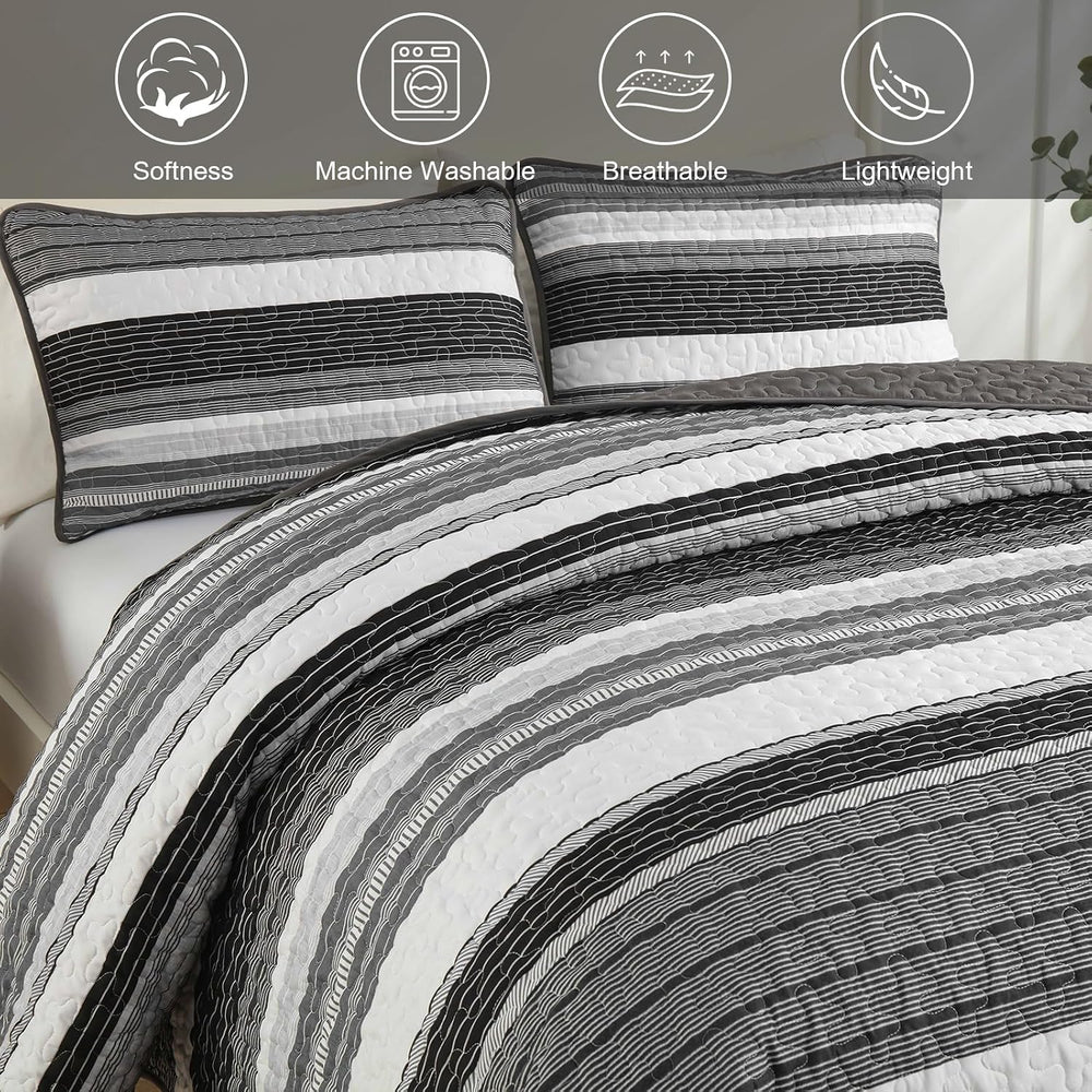 Djoymock Quilt Set Full Size, 3 Pieces Patchwork Striped Bedding Set, Grey
