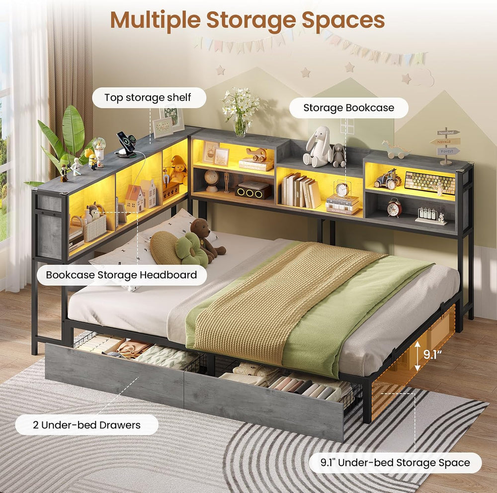 Hasuit Corner Bed Frame Queen with Storage Bookcase and Drawers, Queen Size D...