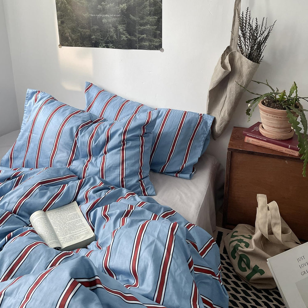 mixinni Vintage Striped Blue Duvet Cover Full - 100% Cotton Red Stripes 3-Pie...