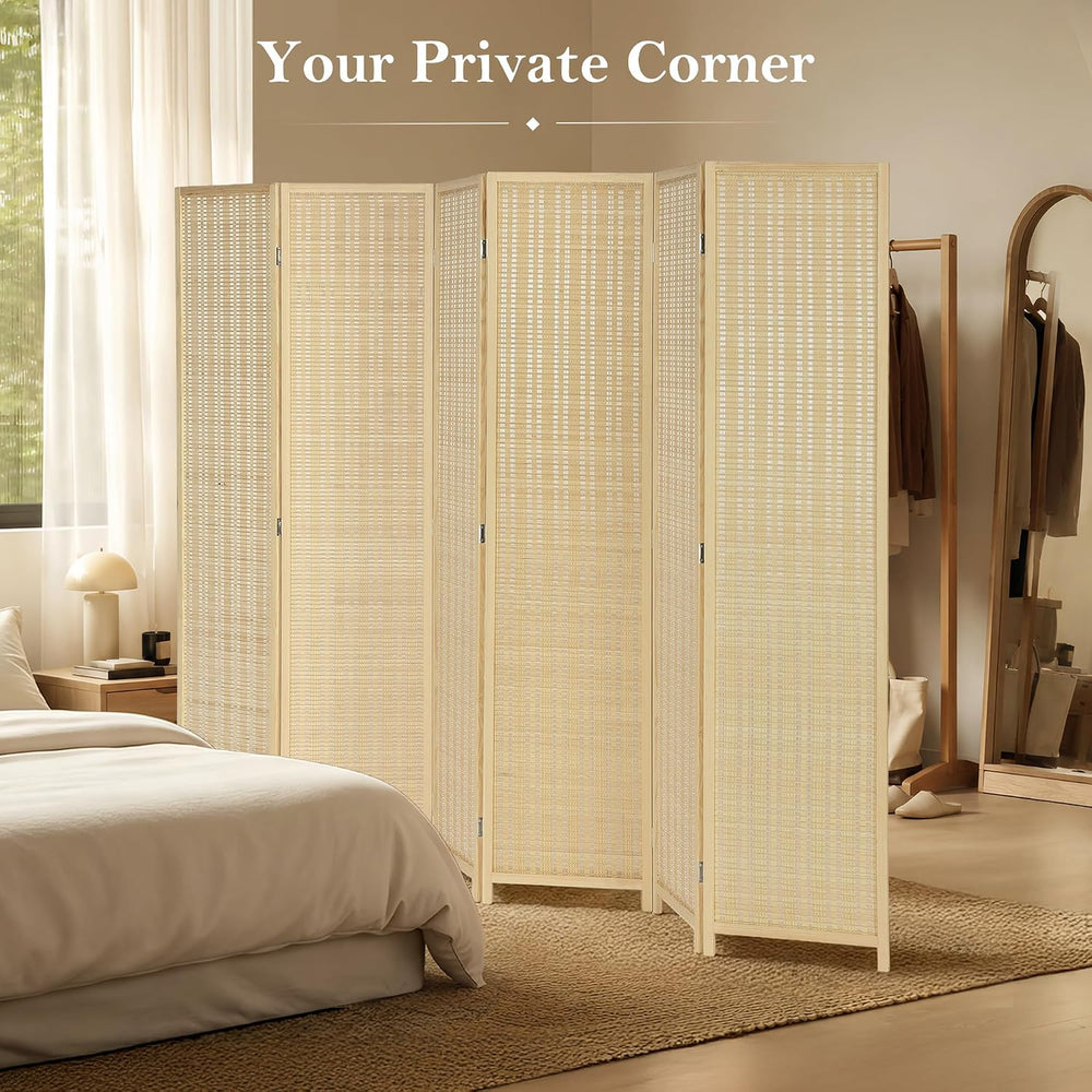 6 Panel Bamboo Room Divider, Folding Privacy Screen, Natural