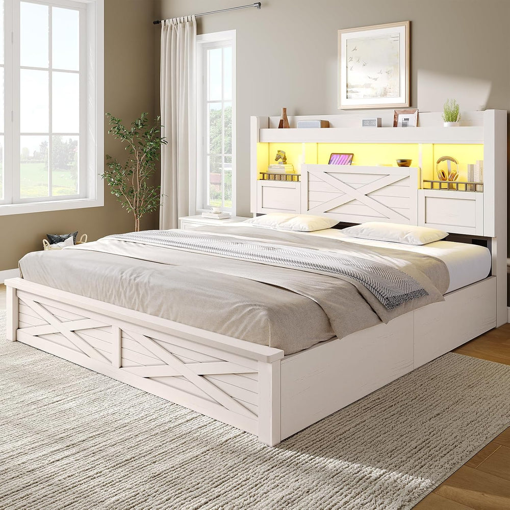 Farmhouse King Bed Frame with Flip-Down Bookcase Storage Headboard and 4 Draw...