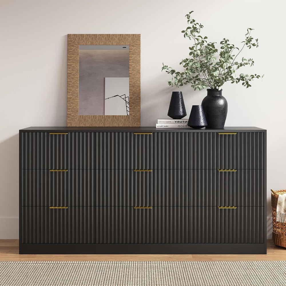 Black 9 Drawer Dresser for Bedroom, 63" Wide Modern Fluted Chest of Draw...
