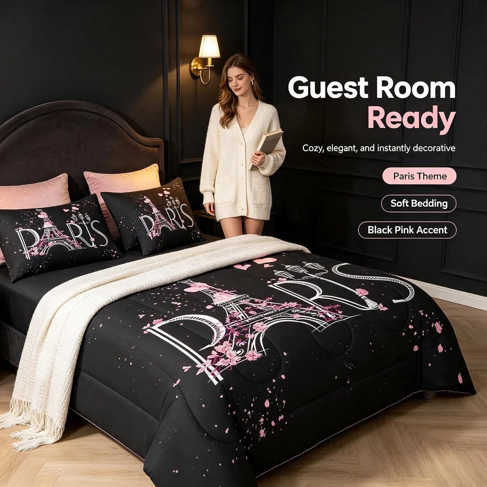 Feelyou Eiffel Tower 7 PCS Comforter Set with Sheets Chic Paris 7 Pieces Bed ...