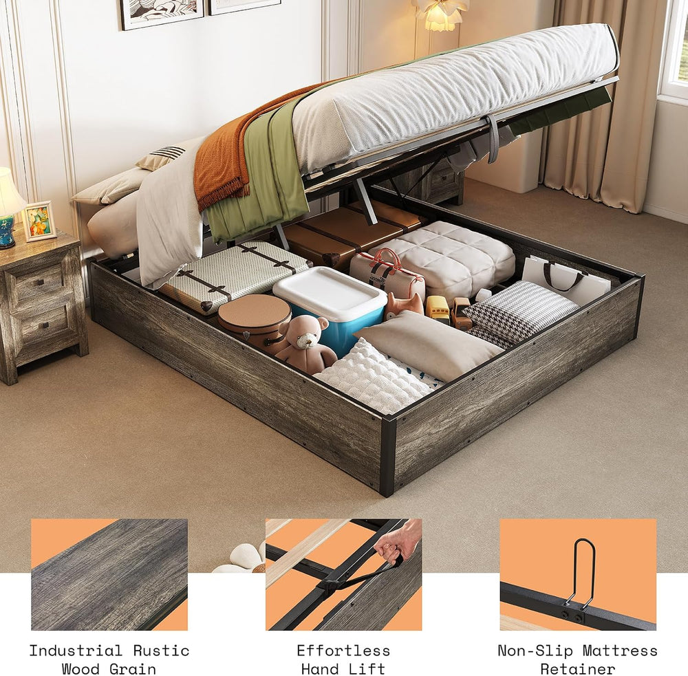 AMERLIFE Queen Size Lift Up Storage Bed Frame, Rustic Grey