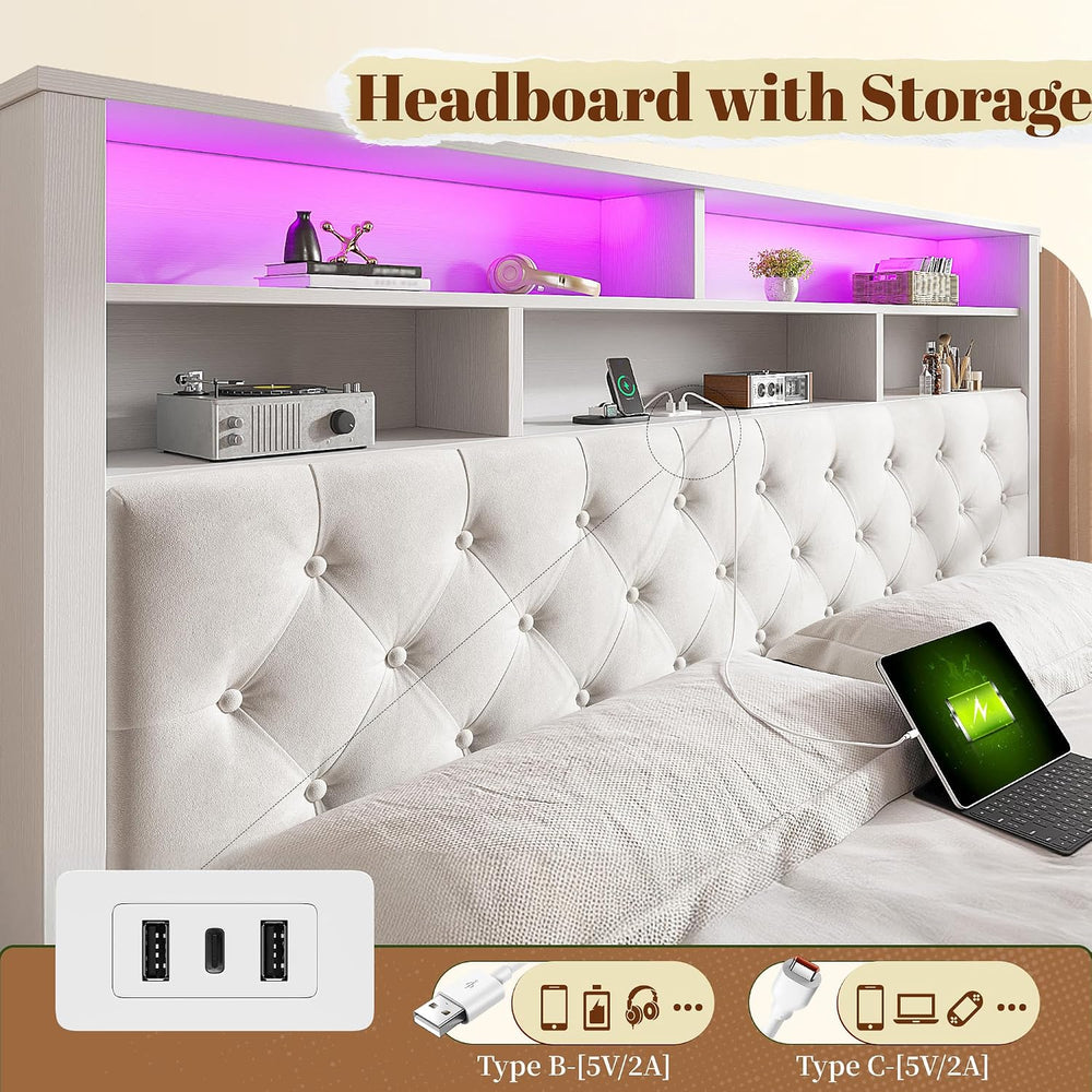 EnHomee King Size Bed Frame with 4 Storage Drawers & Charging Station