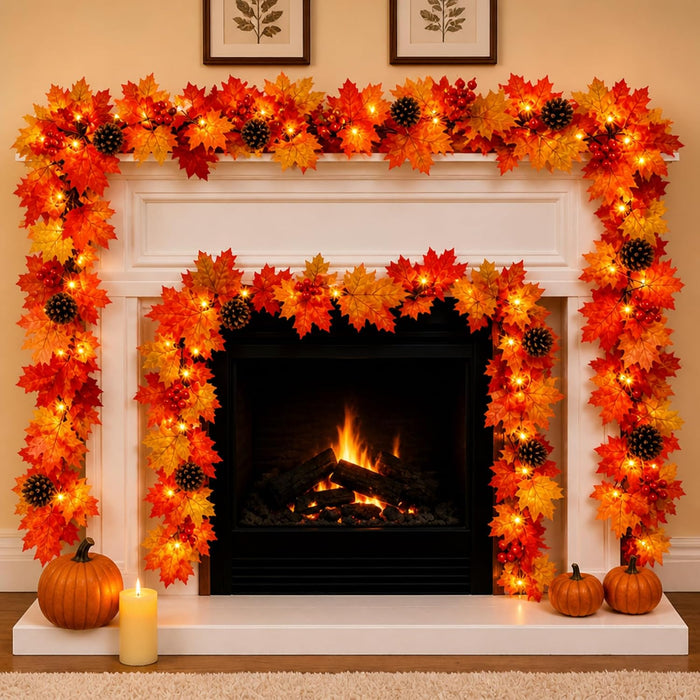 Fall Decorations Lighted Fall Garland with Pinecones and Berries, 9FT 50 Incandescent Bulb UL Certified Connectable Lush and Thicker Fall Garland with Lights for Halloween Thanksgiving Decor(2Packs)