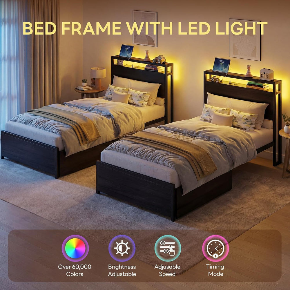 LIKIMIO Twin Bed Frame with DIY Layout Storage Drawers and LED Light
