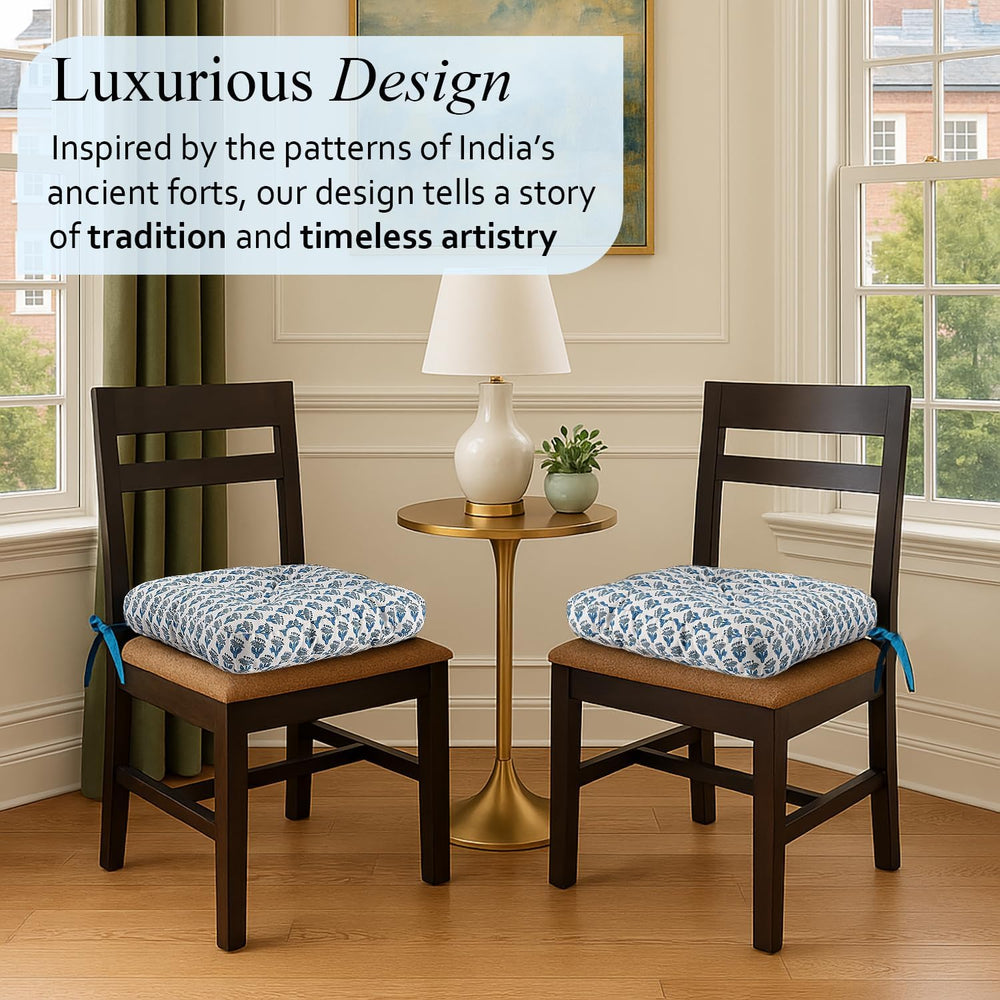 CPC Apatite Blue Block Print Cotton Chair Cushions 16x15x4 Inch, Set of 2