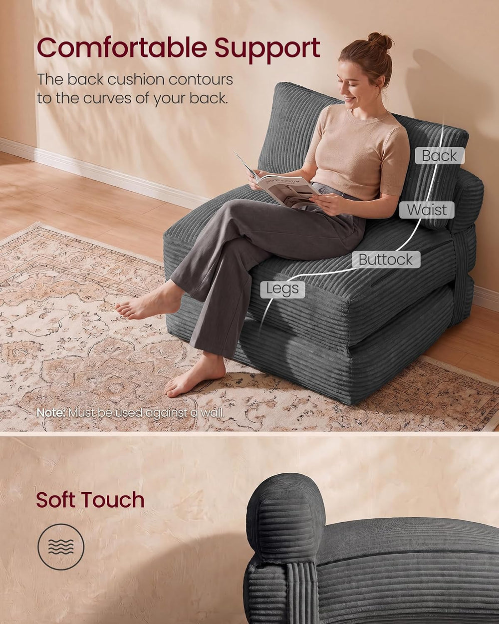VASAGLE Folding Sofa Bed, Convertible Chair Bed with Pillow, Sleeper Chair