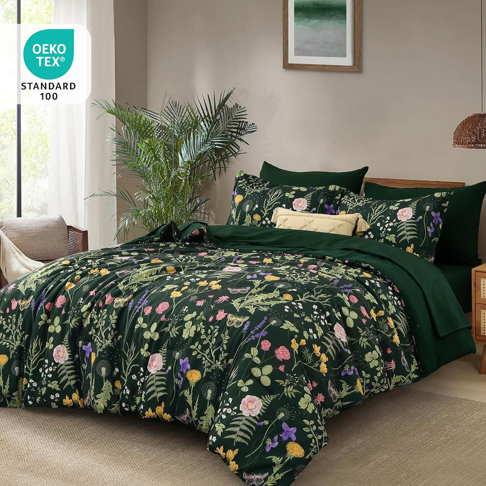 Yiran Queen Comforter Set 7 Piece, Dark Green Floral Bedding Bed in a Bag