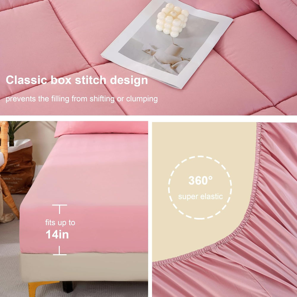 DOWNCOOL Full Size Comforter Sets, 7Pcs Full Size Bedding Sets Pink, All Seas...