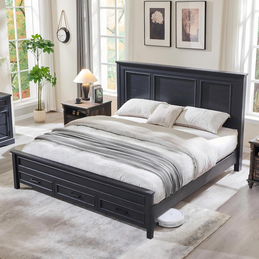 ACCOHOHO Farmhouse Queen Size Bed Frame with 53" Tall Headboard, Black