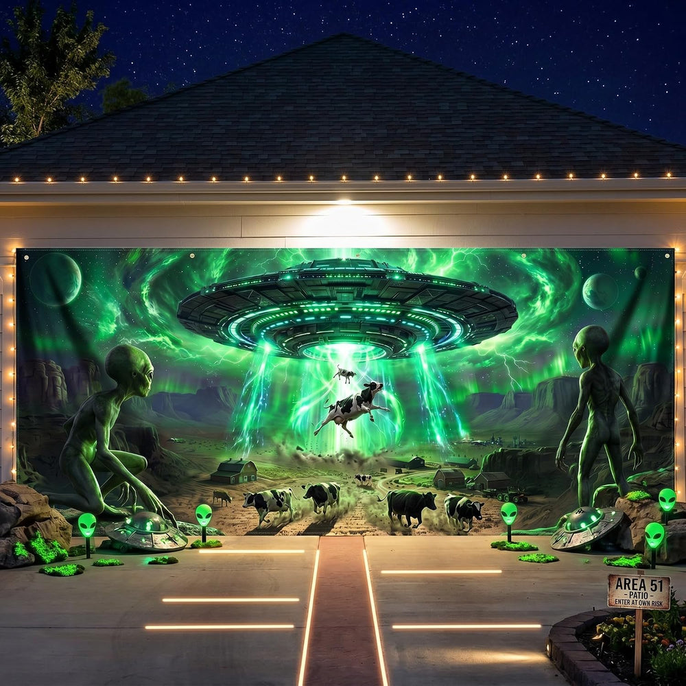 Preboun Alien Abduction Halloween Garage Door Decoration Ufo Cow, 7 x 16 ft