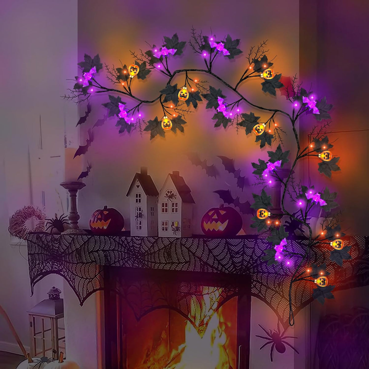 9FT 72 LED Halloween Willow Vine Twig Decor Black Halloween Garland with Pumpkin Bat Orange & Purple Light, 8 Modes Waterproof Battery Operated Halloween Lights Indoor Halloween Decorations Wall Table