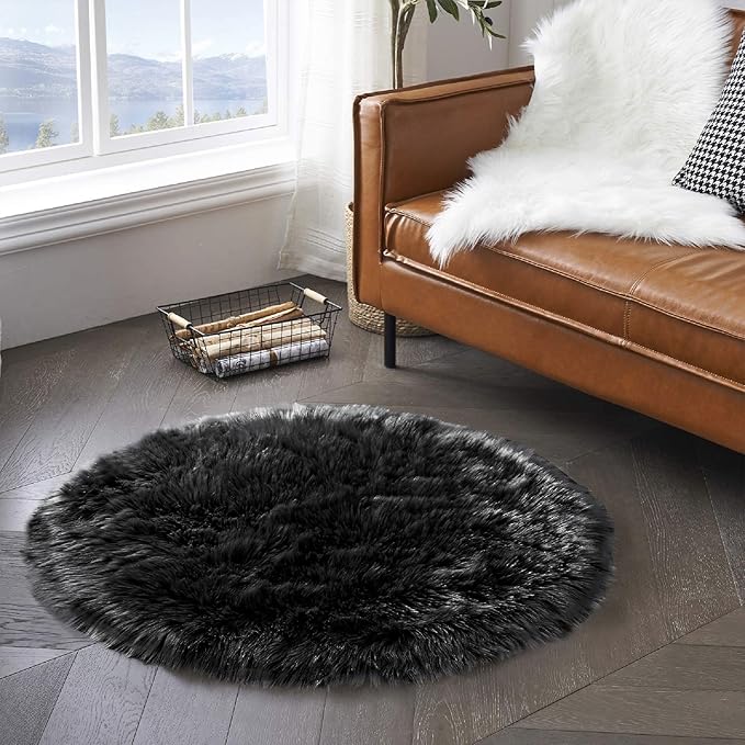 Latepis Black Round Rug 4 ft, Faux Fur Sheepskin Circle Rug - Image 7