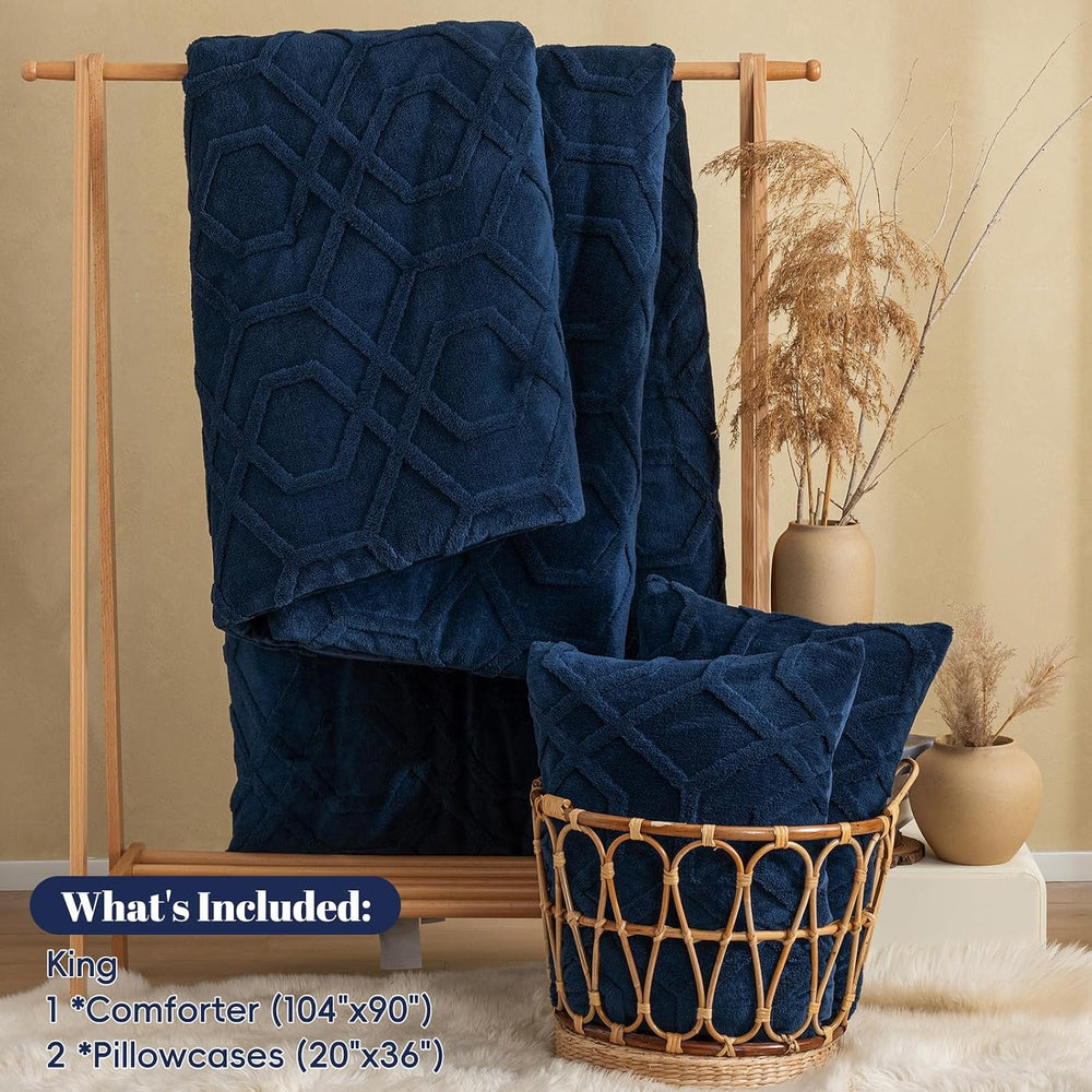 PHF Warm Sherpa Fleece King Comforter Set, 3D Tufted Fluffy Navy Blue Bedding...