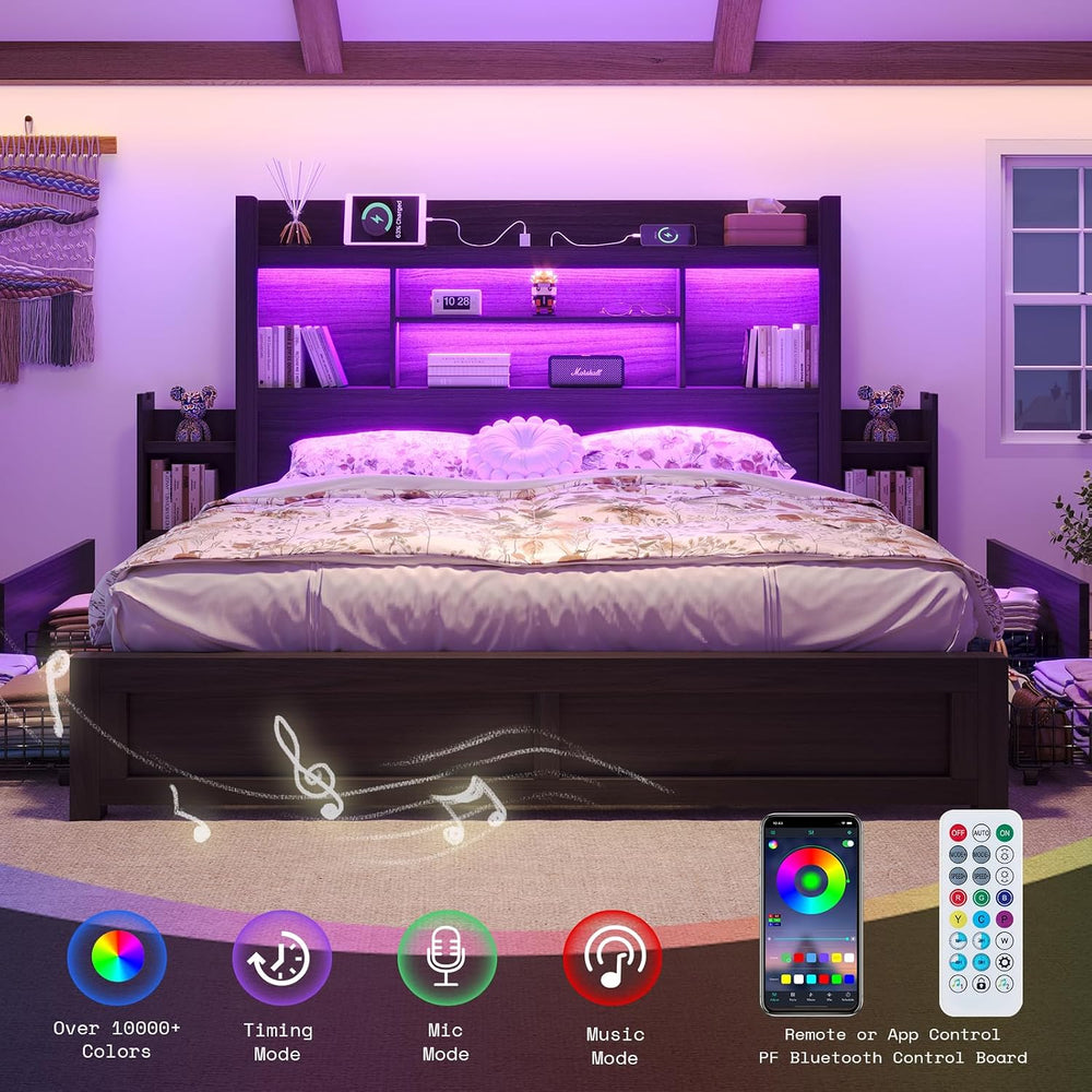 King Size Bed Frame with Bookcase Headboard & Storage, Black
