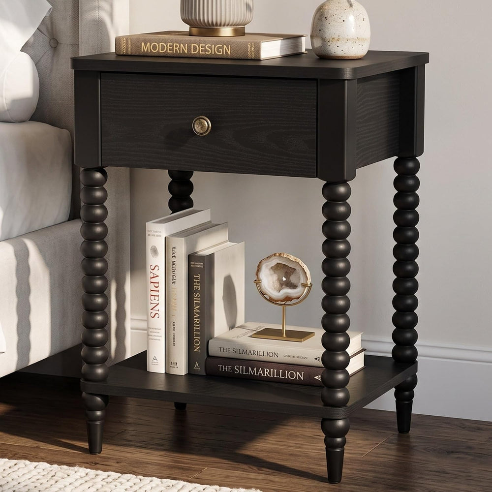 Black Nightstand, 25" H, Spindle Legs, Drawer & Open Shelf