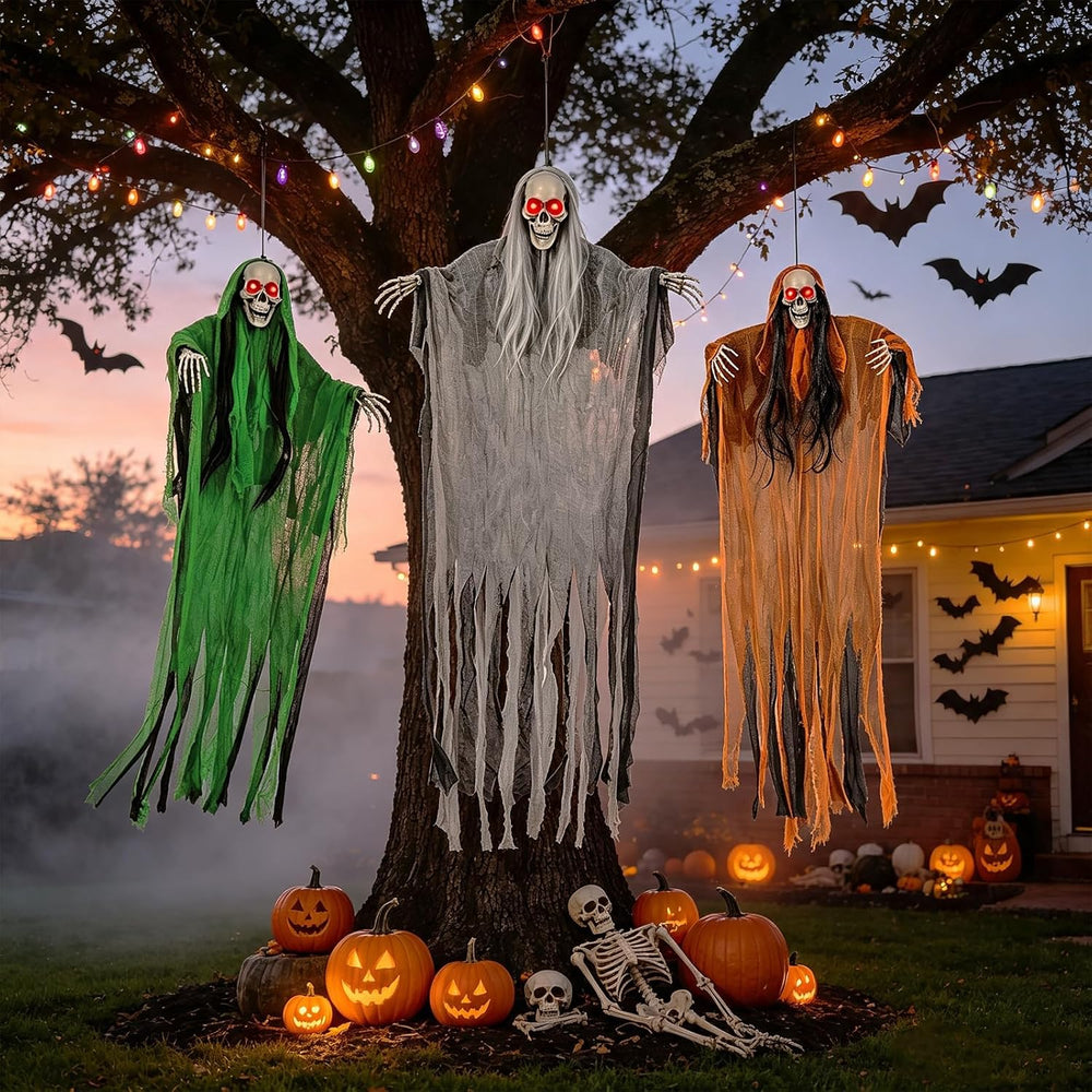 3 Pack Halloween Hanging Skeleton Ghost Decorations with Light Up Red Eyes