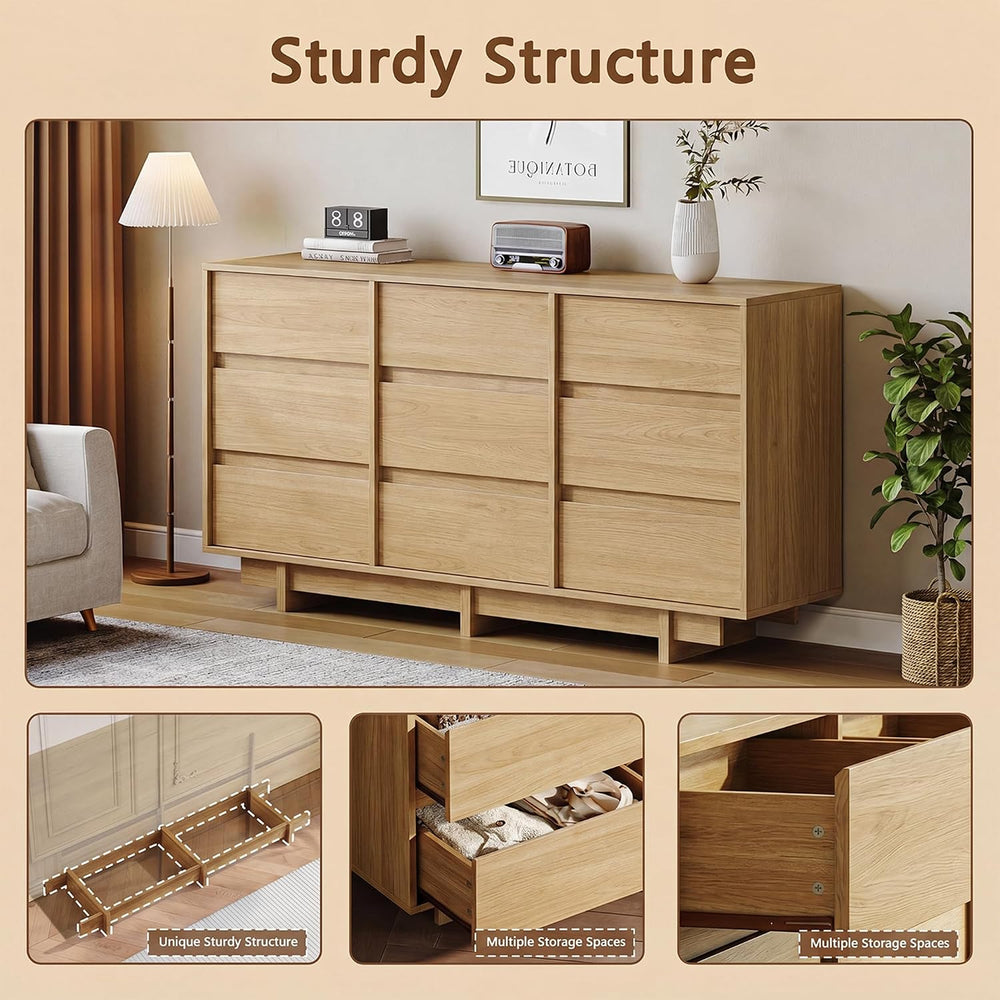 59in Oak 9 Drawer Dresser & 2 Nightstand Set, 3 Pcs Bedroom Furniture