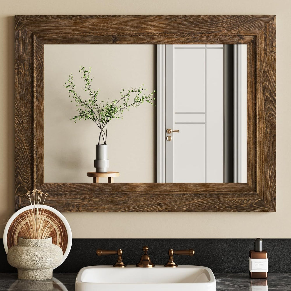 Rustic Wall-Mounted Vanity Mirror, Solid Wood Frame Bathroom Mirror, Farmhous...