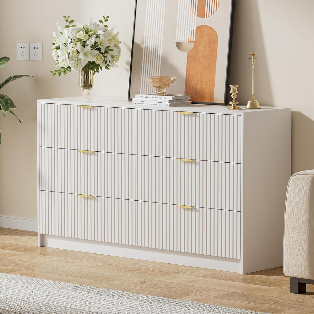 Furniway 55.1" Wide White Dresser for Bedroom, Fluted 6 Drawer Dresser
