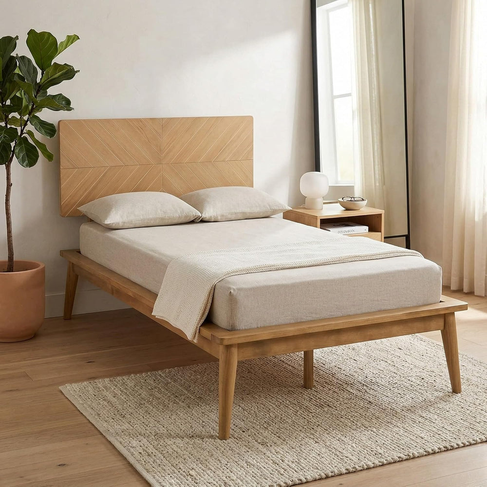 Loki Solid Wood Bed Twin XL, Chevron Headboard, Light Oak