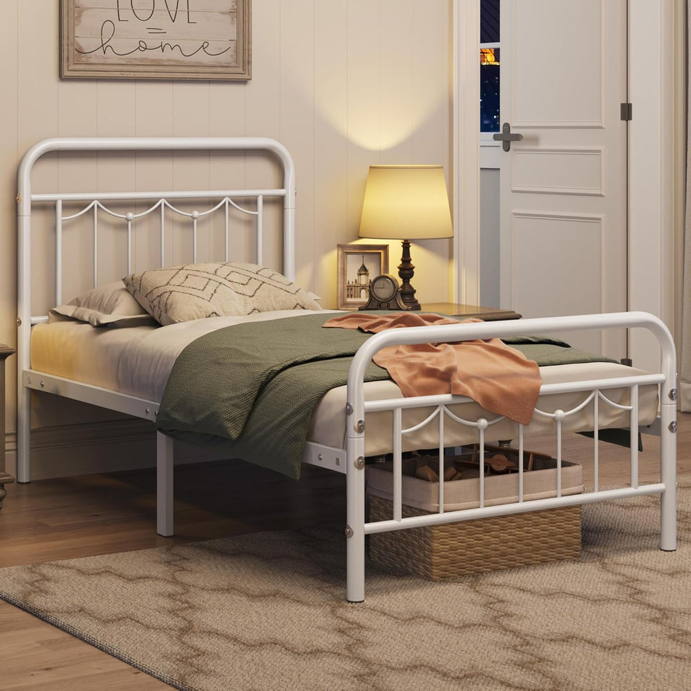 Yaheetech Twin Metal Bed Frame with Vintage Spindle Headboard White