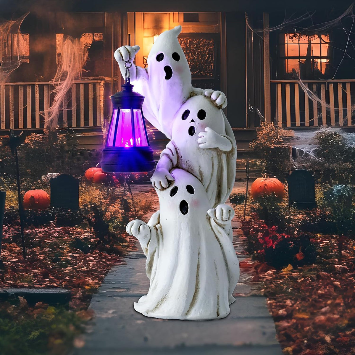 twinbling Triple Ghosts Halloween Decorations Outdoor with Solar Lantern,Cute Spooky Halloween Ghost Figurines,Ghost Decor Outside Decor for Yards Porches Gardens Lawn Party