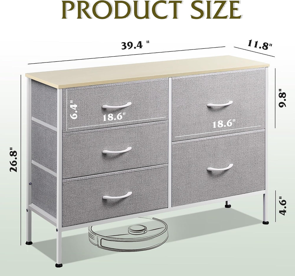 WLIVE 5 Drawer Fabric Dresser for Bedroom, Wide Storage Chest, Light Grey