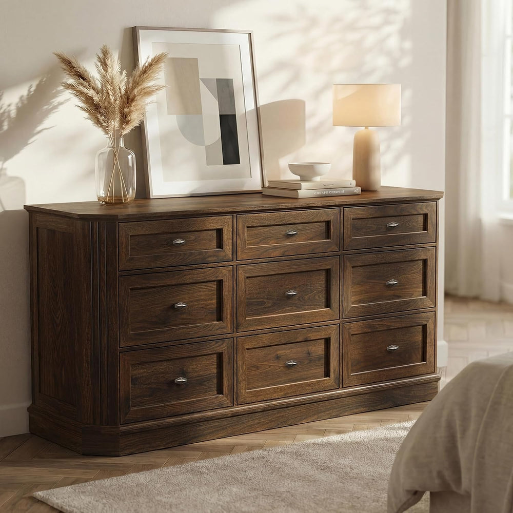Farmhouse 9 Drawers Walnut Dresser for Bedroom, 63.07" Wide Chest of Dra...