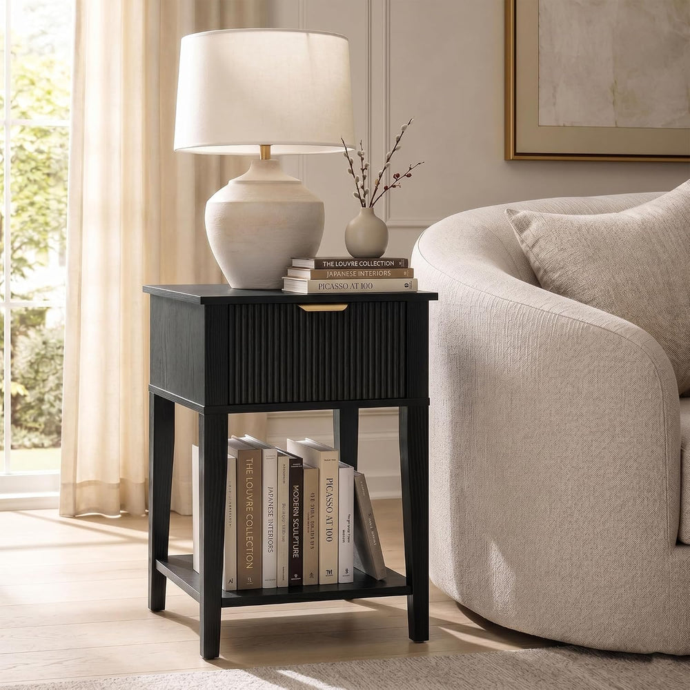 Black 15.4" Wide Small Nightstand with Drawer,Open Shelf,Fluted