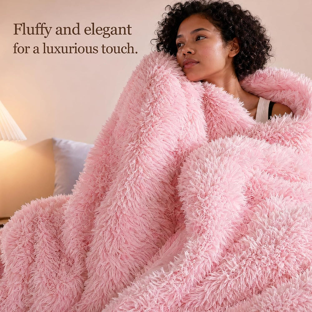 Fluffy Queen Comforter Set, Faux Fur Pink Comforter Set 3 Pcs