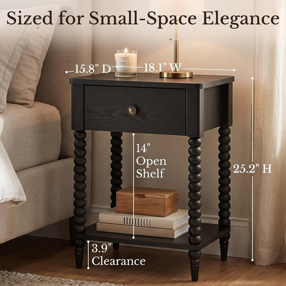Black Nightstand, 25" H, Spindle Legs, Drawer & Open Shelf