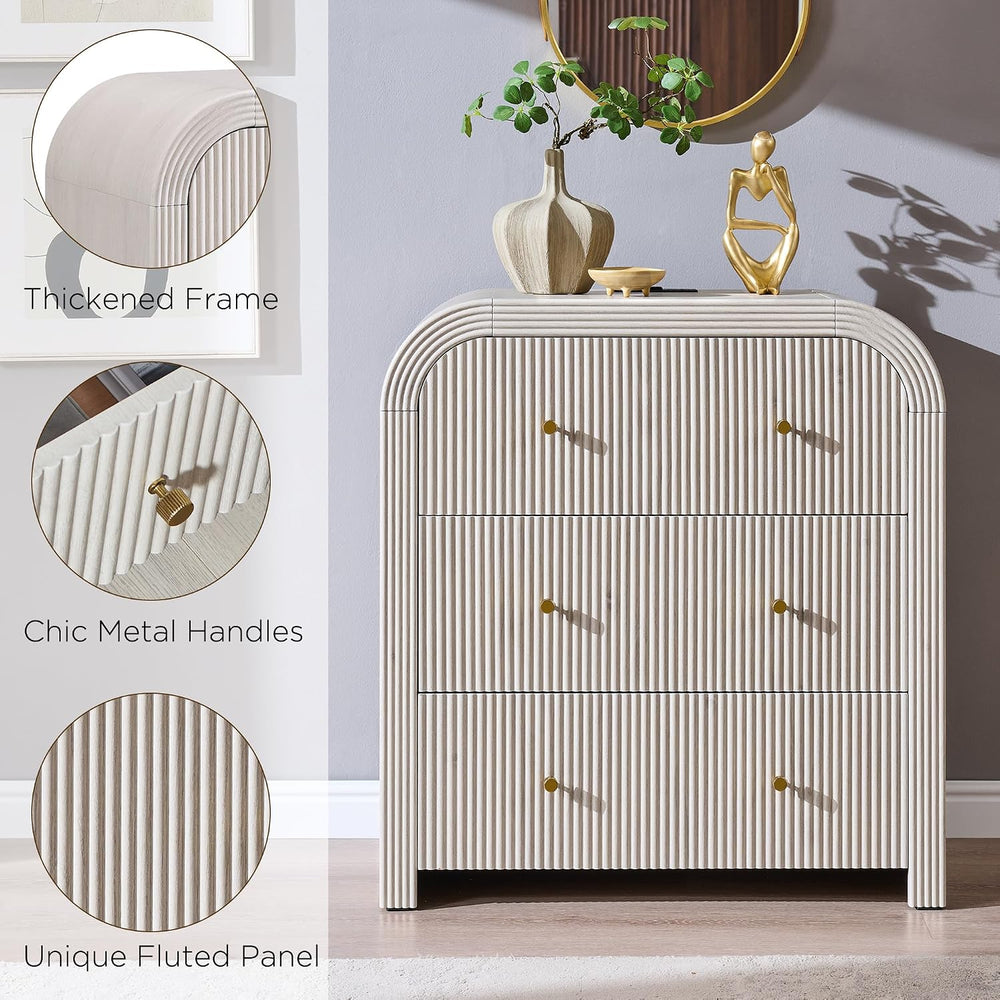 T4TREAM 32 Inch Fluted Nightstand with Charging Station, Alder White