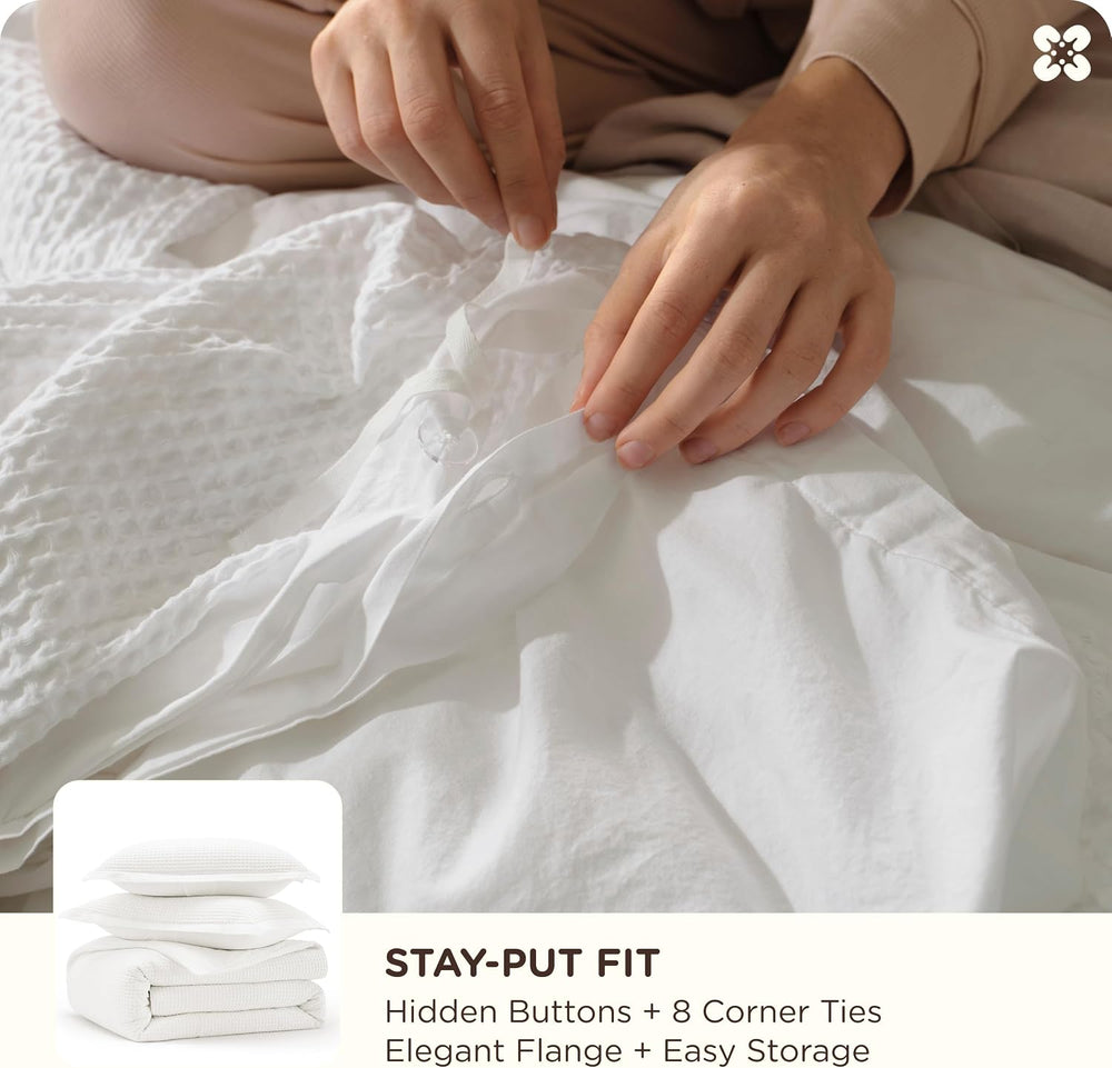 Bedsure PureWoven 3 Pieces 100% Cotton Waffle Duvet Cover Set, King, White