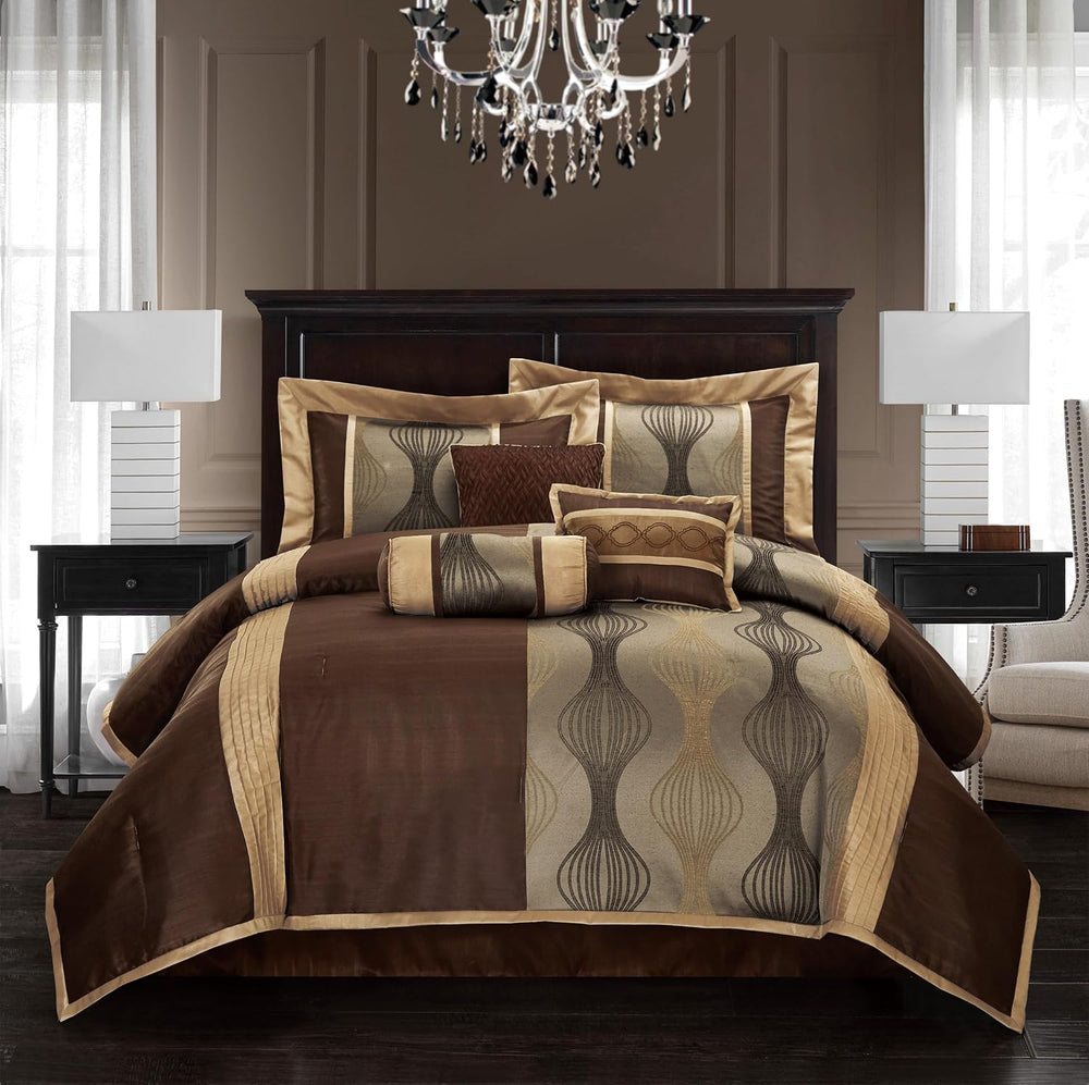 Elagant Jacquard Brown Comforter Set, Size California King, 7 Piece Bed in a ...