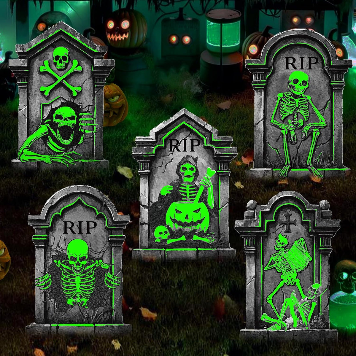 25.2in Halloween Tombstones Outdoor Decor Glow in The Dark - 5PCS Large Tombstones for Graves Halloween Gravestones Decorations Yard Signs