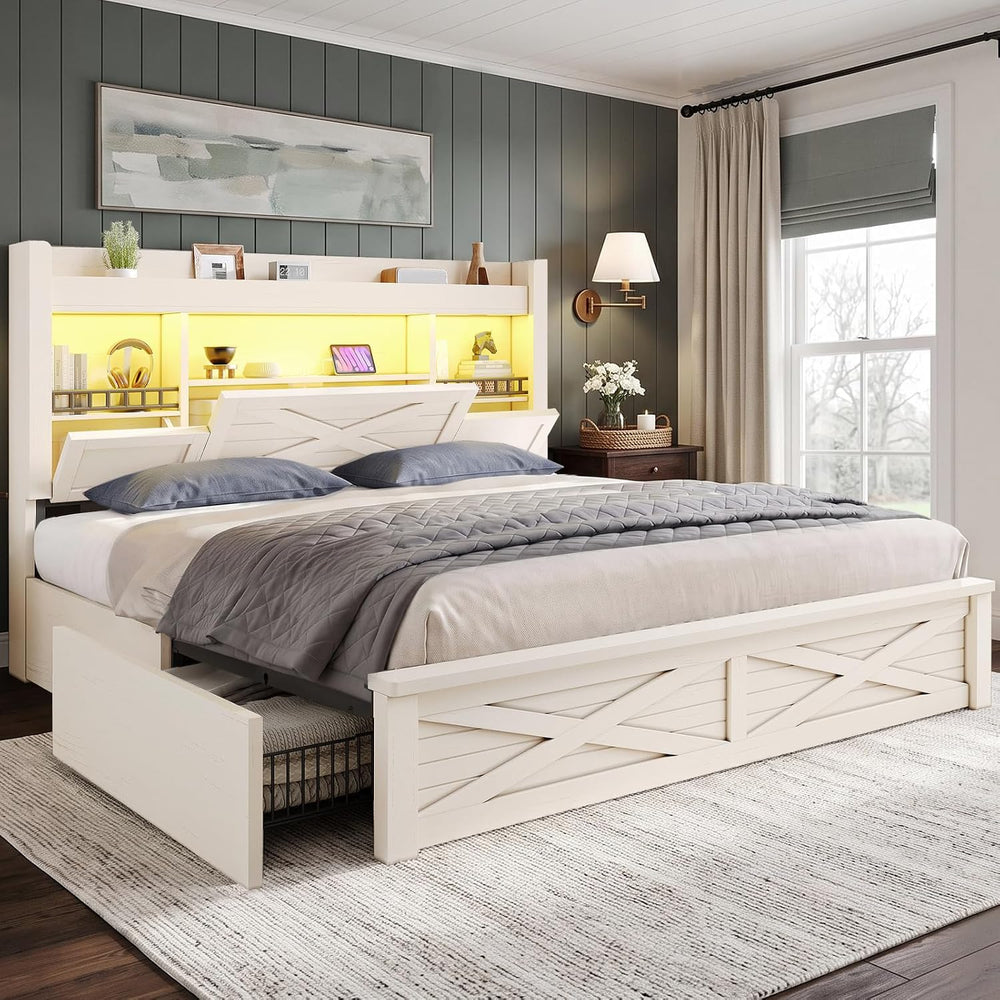 Farmhouse King Bed Frame with Flip-Down Bookcase Storage Headboard and 4 Draw...