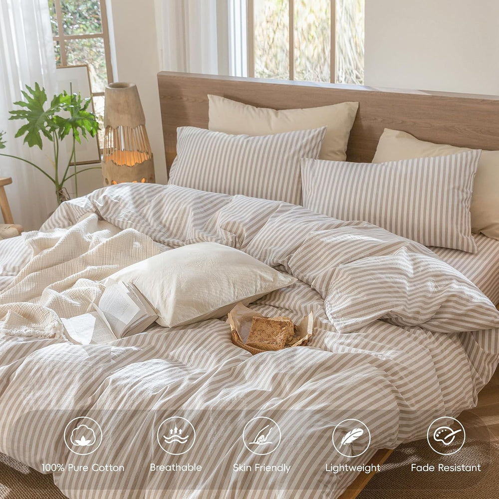 MooMee Striped Duvet Cover Set 100% Washed Cotton Linen Like King