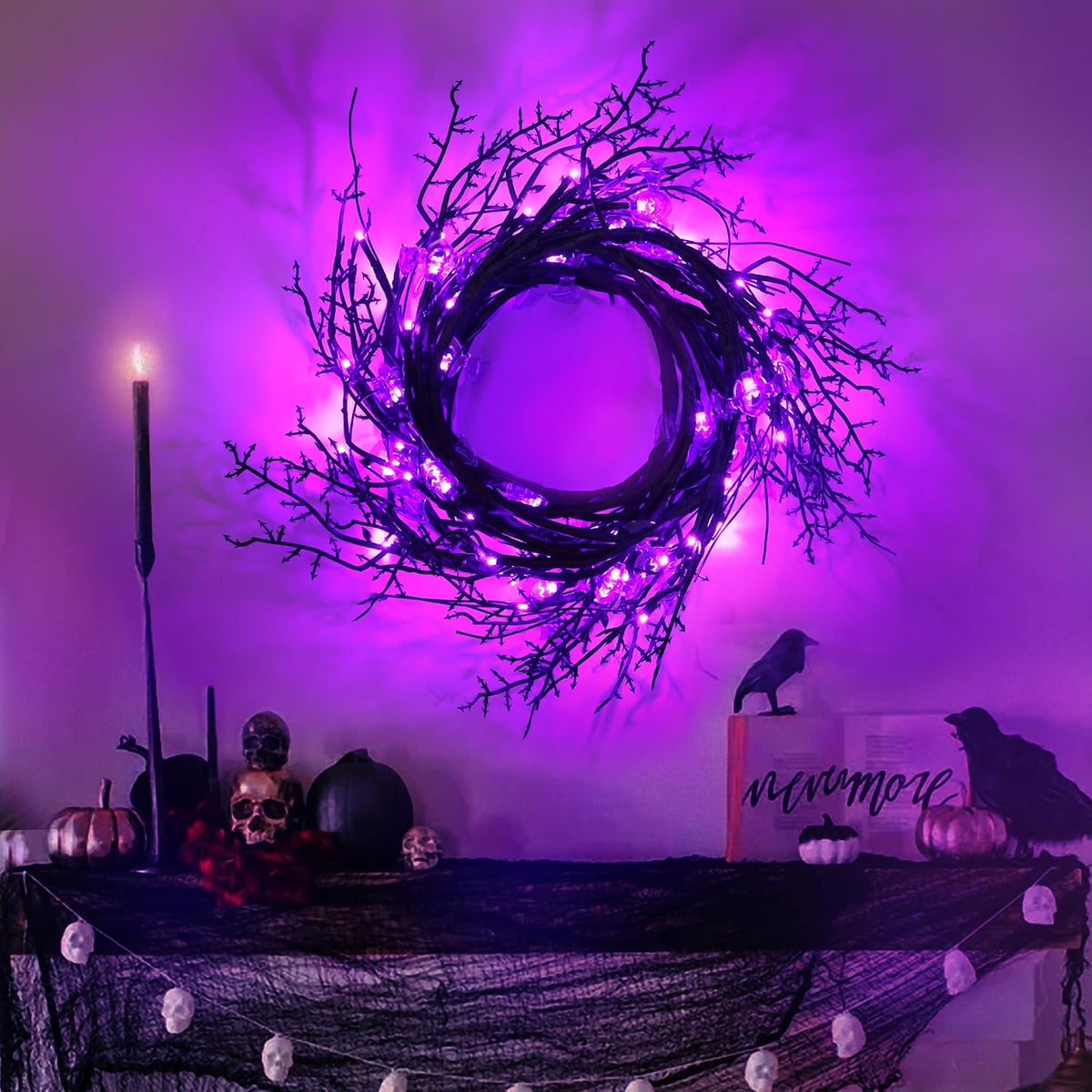 9FT 72 LED Willow Vine Twig Decor Black Halloween Garland with Bat & Purple LED Lights, 8 Modes Battery Operated Halloween Decorations Indoor for Mantle Fireplack Table Home Office Party Spooky Decor