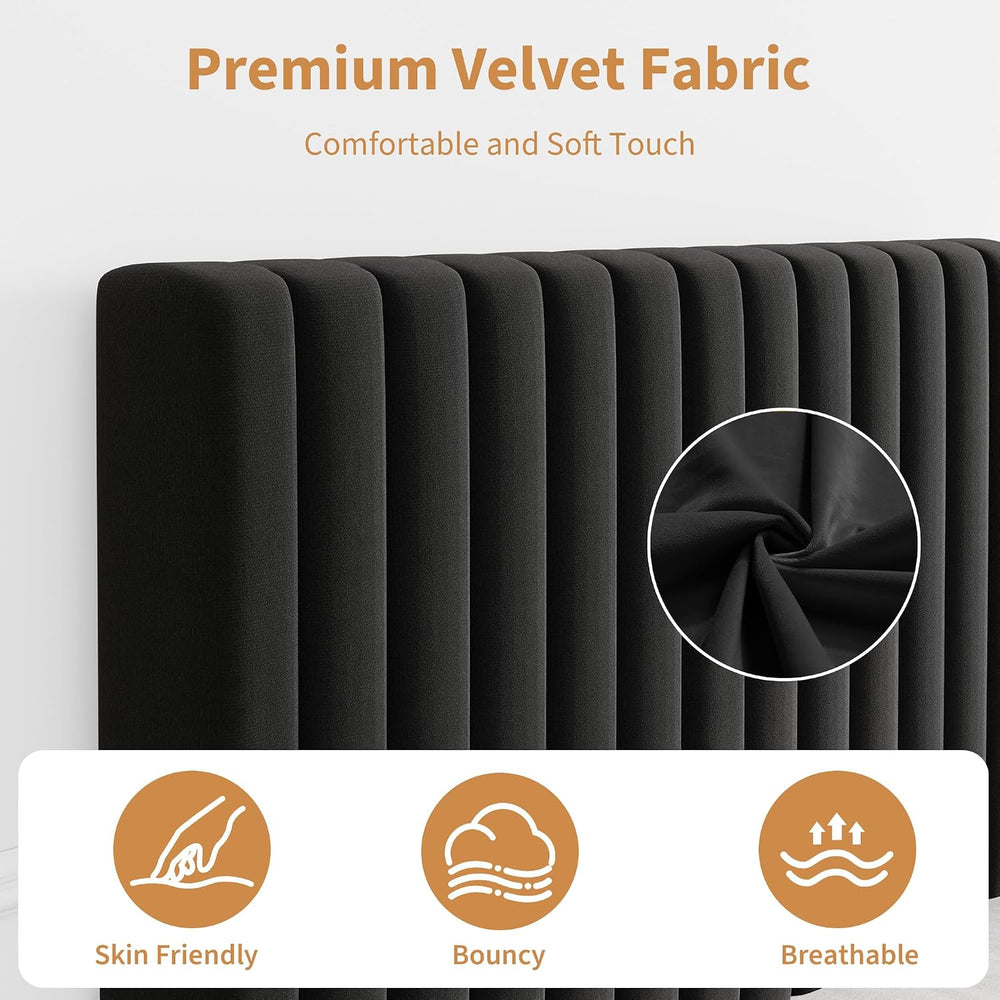 Twin Bed Frame with Adjustable Headboard, Velvet Upholstered Platform Bed