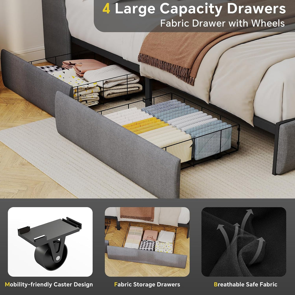 SADENICEL Queen Bed Frame with 4 Storage Drawer, Queen Size Bed Frame, Grey