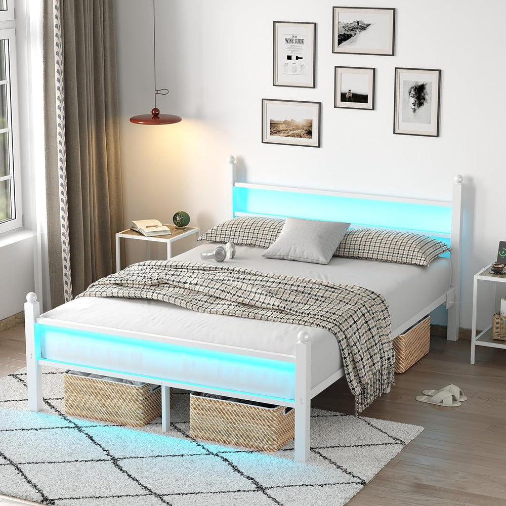 CollaredEagle Full Bed Frame with LED Lights and Charging Station, White